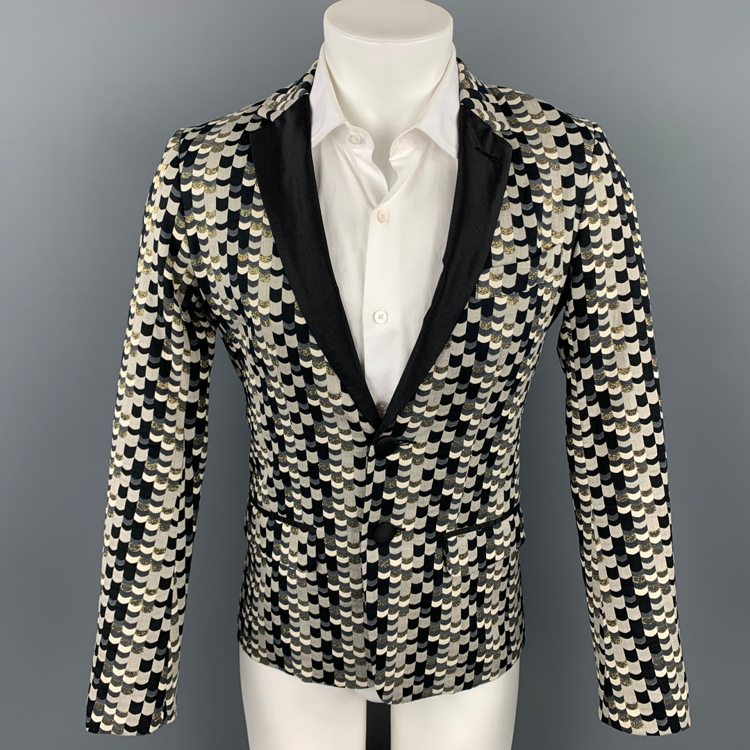 MR TURK Size 36 Grey & Black Jacquard Cotton Blend Notch Lapel Suit
