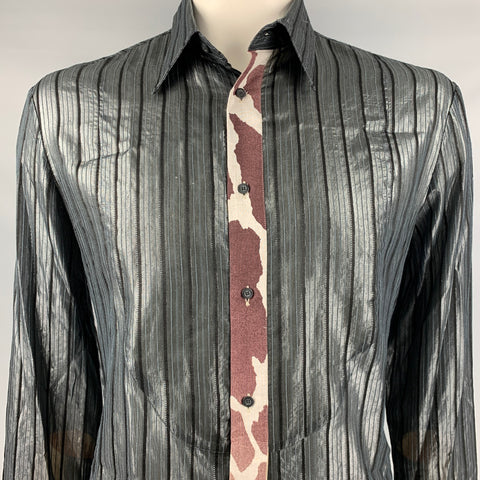 JUST CAVALLI Size L Black Stripe Viscose Blend Button Up Long Sleeve Shirt