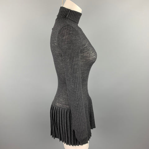 JEAN PAUL GAULTIER Size S Charcoal Ribbed Knit Wool Pleated Waistband Pullover
