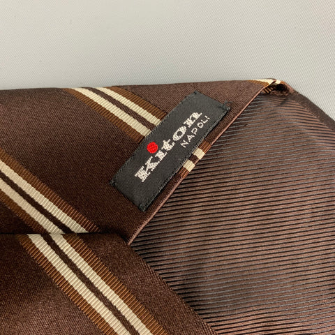 KITON Brown White Diagonal Stripe Silk Tie