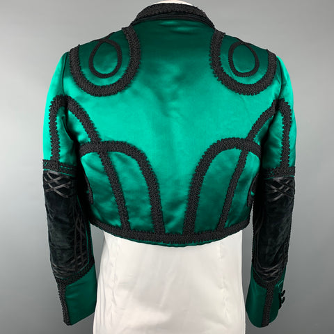 DOLCE & GABBANA S/S 15 Size 44 Emerald & Black Applique Silk Cropped Bull Fighter Jacket