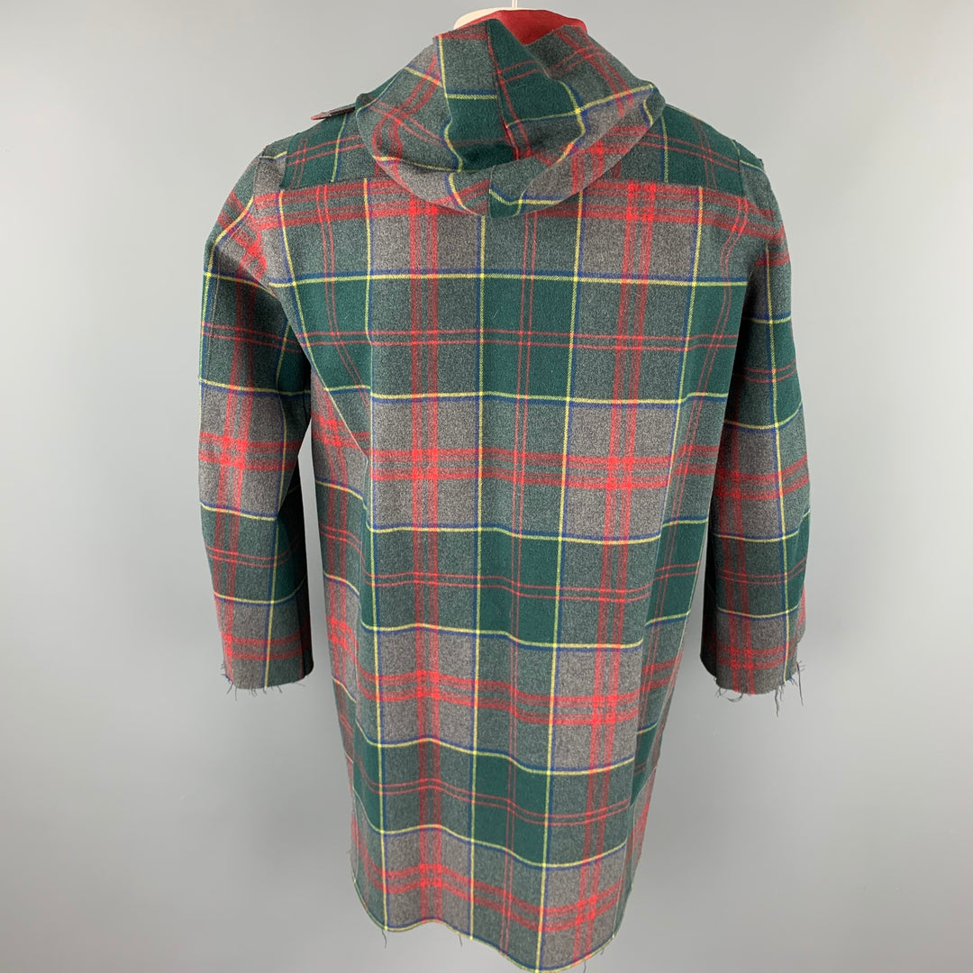 TRUSSARDI Size L Green & Red Plaid Leather Lined Hooded Coat