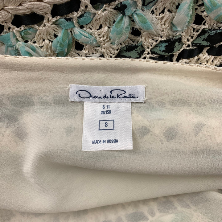 OSCAR DE LA RENTA Size S Cream & Teal Blue Woven Silk Crochet Cardigan Jacket