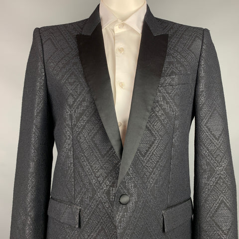 JUST CAVALLI Size 44 Black Jacquard Wool / Polyamide Peak Lapel Sport Coat