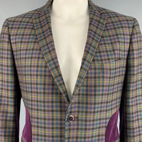 ETRO Size 46 Multi-Color Purple Plaid Wool Notch Lapel Sport Coat