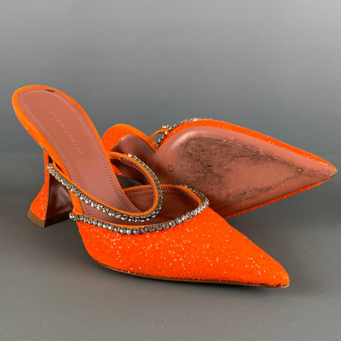 AMINA MUADDI Zapatos de tacón tipo mulas con purpurina plateada naranja talla 8