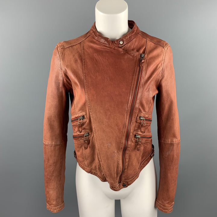 VINTAGE Size L Rust Brown Distressed Leather Zip Up Jacket