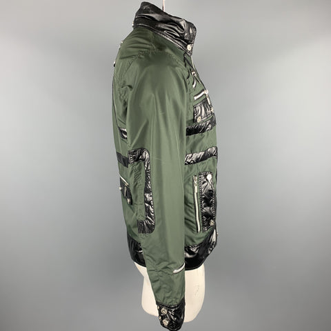 POLBOT Size L Olive & Black Solid Nylon Zip & Snaps Jacket