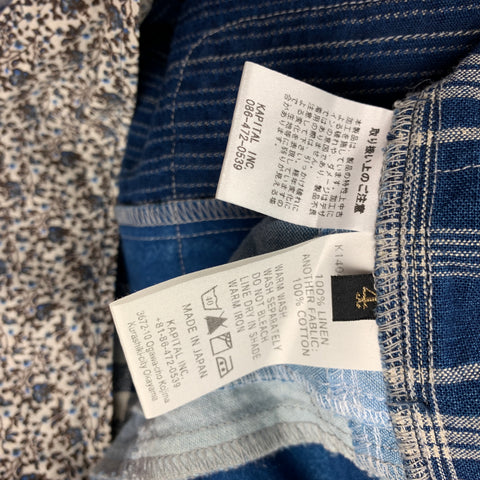 KAPITAL Size XL Indigo Blue Patchwork Cotton / Linen Short Sleeve Shirt