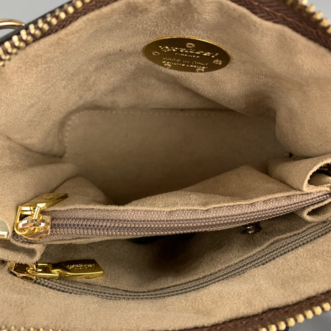 PRATESI Brown Leather Mini Gold Zipper & Plaque Square Crossbody Bag