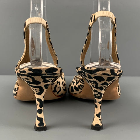 MANOLO BLAHNIK Size 7 Tan Canvas Animal Print Slingback Pumps