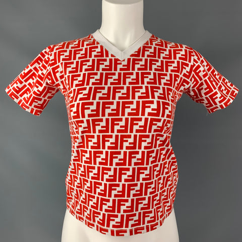 FENDI Size S Red & White Zucca Logo V- Neck T-Shirt