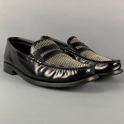 SAINT LAURENT Size 9 Black Silver Studded Leather Slip On Loafers