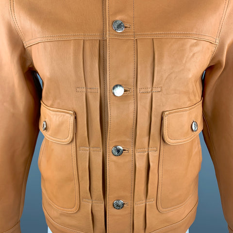 OSCAR H. GRAND Size M Tan Leather Flap Pockets Silver Buttons Back Belt Trucker Jacket