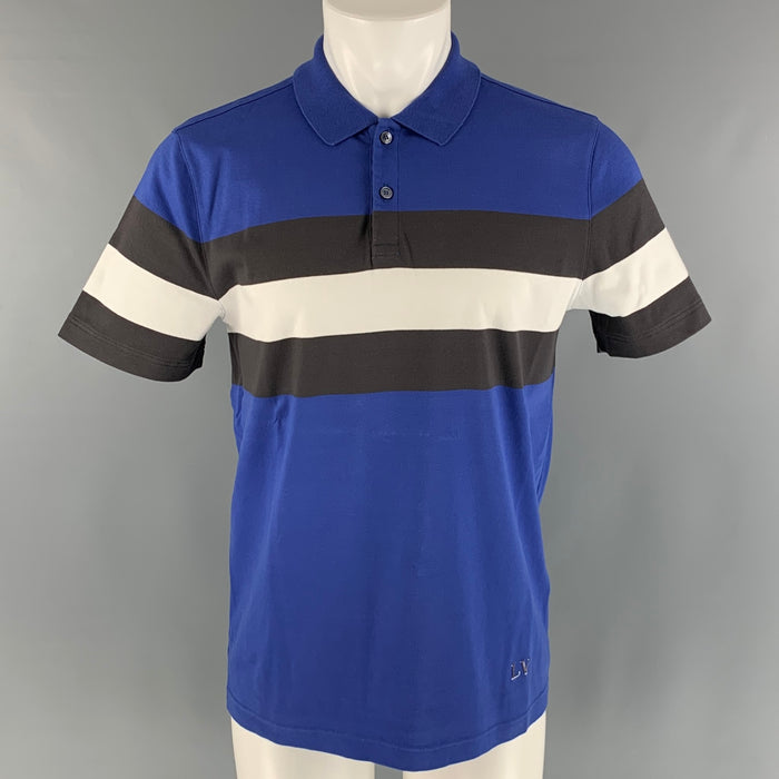 LOUIS VUITTON Talla M Polo con botones de algodón a rayas en blanco y negro azul