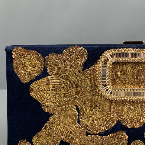 ROGER VIVIER Navy Gold Embroidered Silk Clutch Handbag