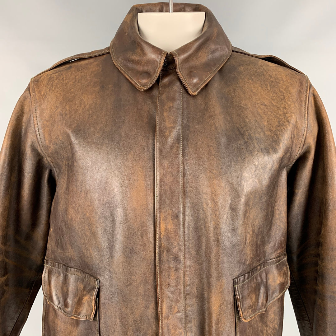 RRL by RALPH LAUREN Type A-2 Size XL Brown Distressed Leather Bomber Jacket