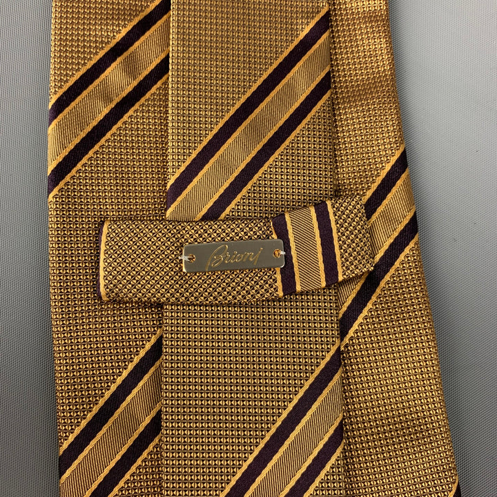 BRIONI Gold Black Diagonal Stripe Silk Tie