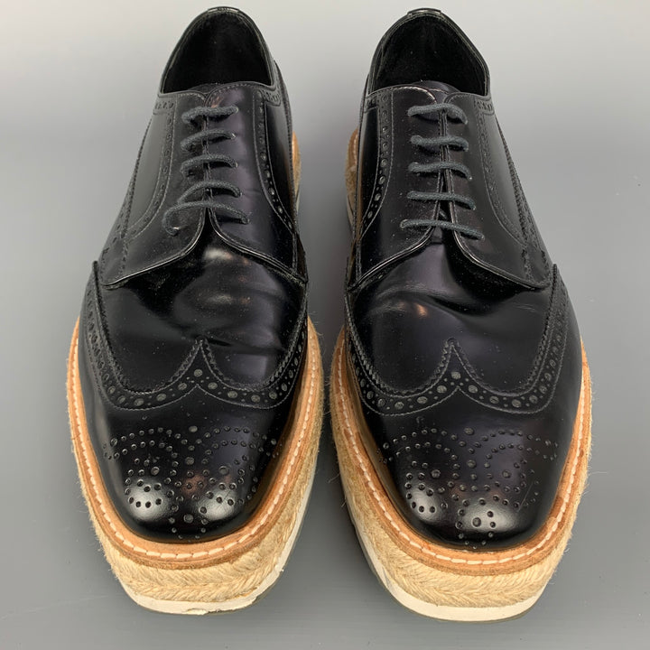 PRADA Size 10 Black Perforated Leather Platform Lace Up Shoes