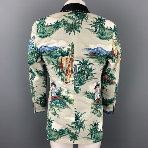 R13 Ivory Print Silk / Cotton Studded Shawl Collar Sport Coat