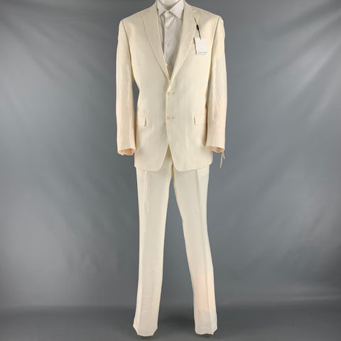 CALVIN KLEIN Size 44 Long Cream Linen Single breasted Suit