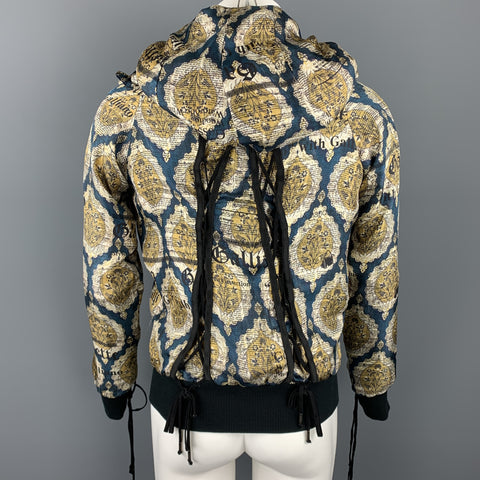 JOHN GALLIANO Size 36 Gold & Teal Newspaper Print Silk Bomber Jacket