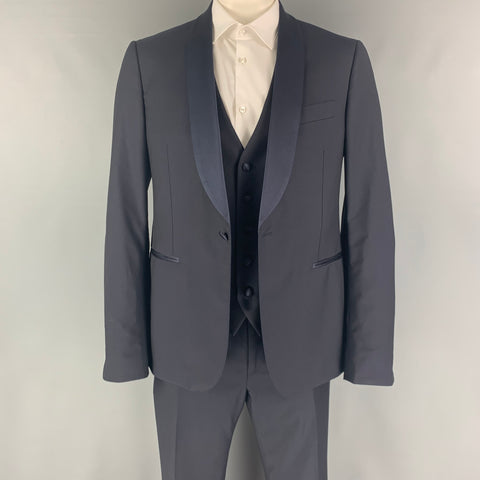 SALVATORE FERRAGAMO Size 42 Navy Wool  Mohair Shawl Collar Tuxedo 3 Piece Suit