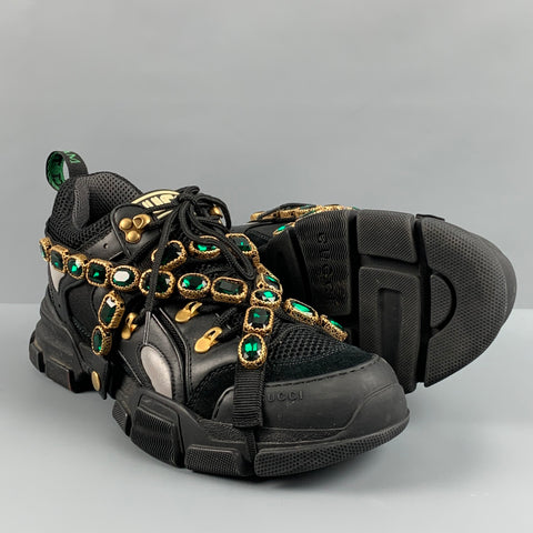 GUCCI Size 9.5 Black Green Beaded Nylon Lace Up Sneakers