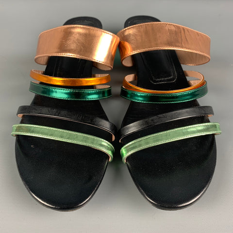 DRIES VAN NOTEN Size 8.5 Black, Gold &  Green Patent Leather Flat Sandals