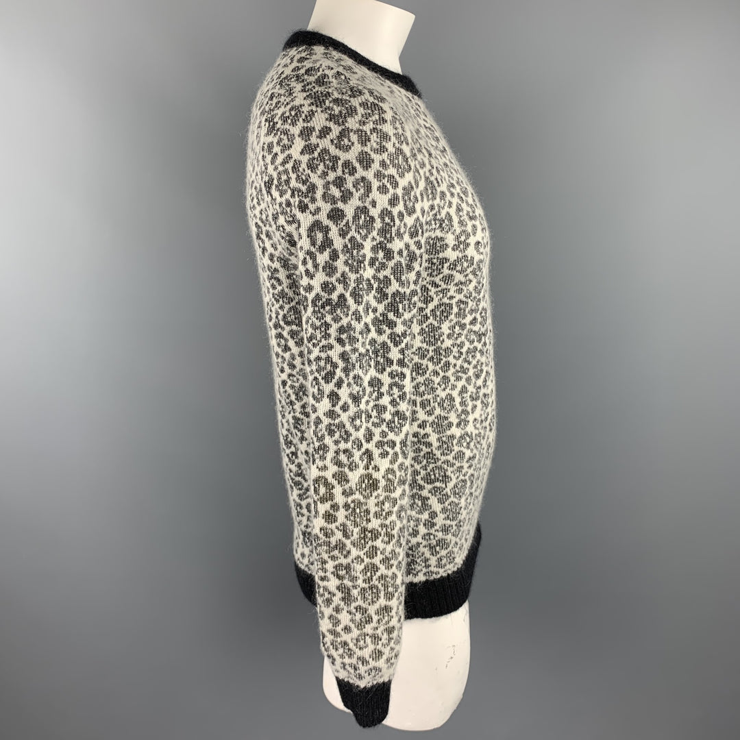 SAINT LAURENT Size L Black & White Leopard Print Mohair Blend Crew-Neck Sweater