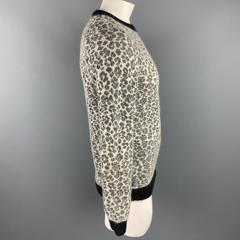 SAINT LAURENT Size L Black & White Leopard Print Mohair Blend Crew-Neck Sweater