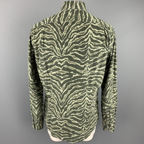 MICHAEL BASTIAN Size XXL Olive Print Cotton Button Down Long Sleeve Shirt