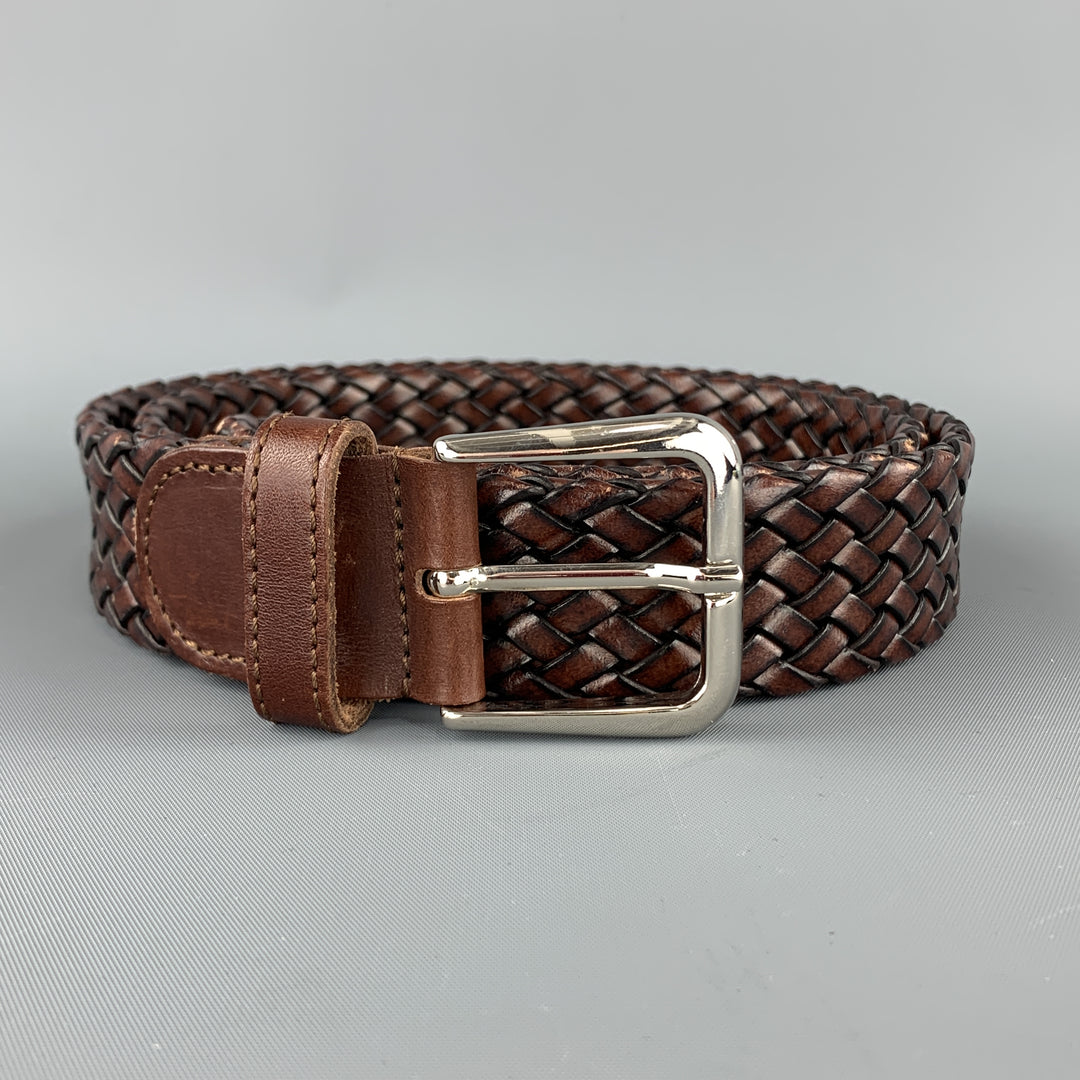 TINO COSMA Size 36 Woven Brown Leather Silver Chrome Buckle Belt