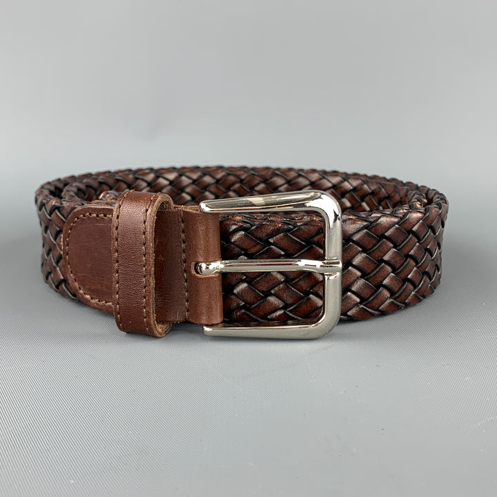 TINO COSMA Size 36 Woven Brown Leather Silver Chrome Buckle Belt