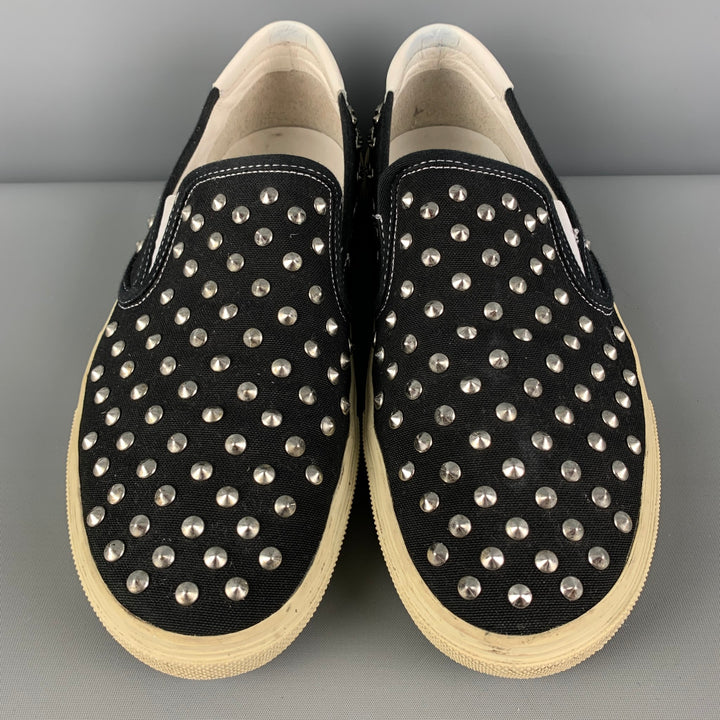 SAINT LAURENT Size 11 Black White Studded Canvas Slip On Sneakers