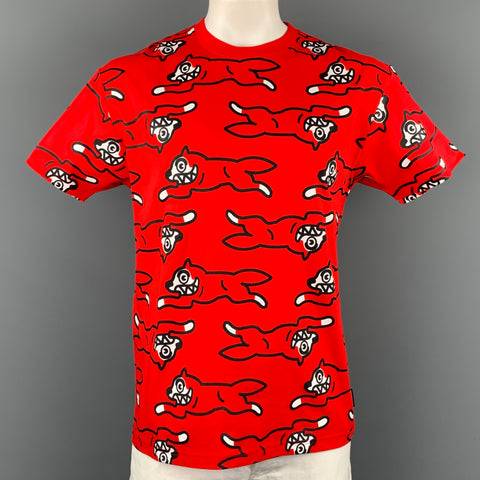 ICECREAM Size L Red & Black Prit Cotton Short Sleeve T-Shirt