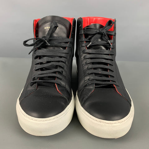 GIVENCHY Size 10 Black Red & White Color Block Leather High Top Sneakers