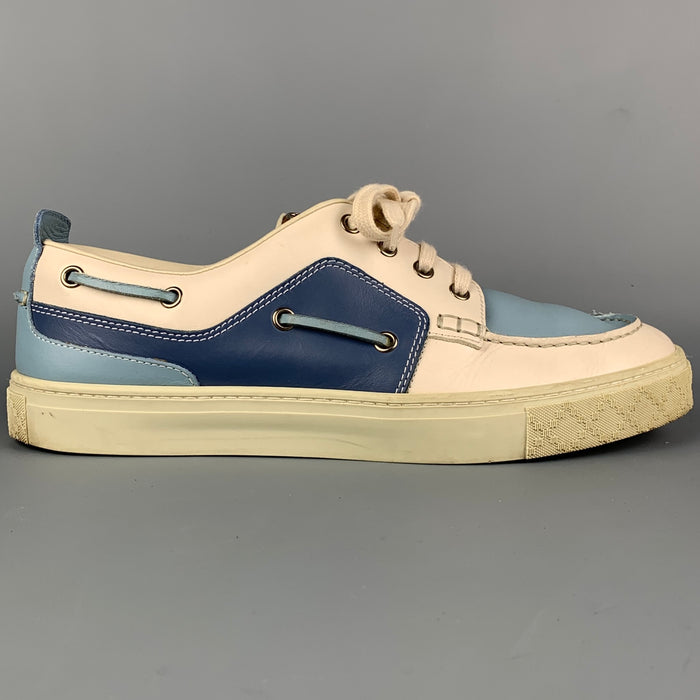 GUCCI Size 8.5 Blue & Beige Color Block Leather Boat Shoe Sneakers