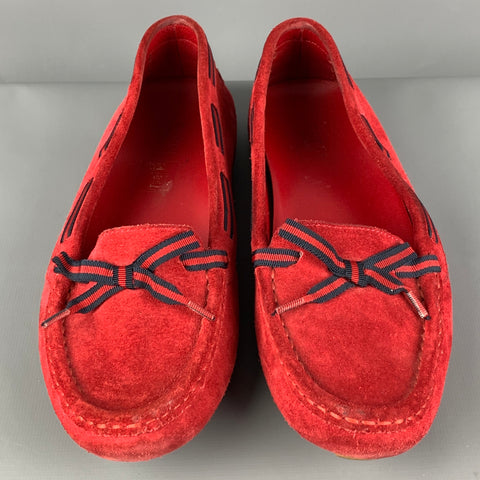 Vintage GUCCI Size 7 Red Navy Suede Ribbon Drivers Flats