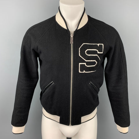 SANDRO Size S Black & White Patch Wool Blend Zip Up Jacket