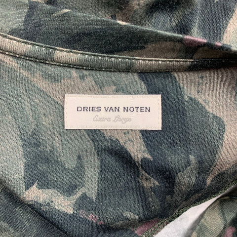 DRIES VAN NOTEN Size XL Olive Print Cotton Crew-Neck T-shirt