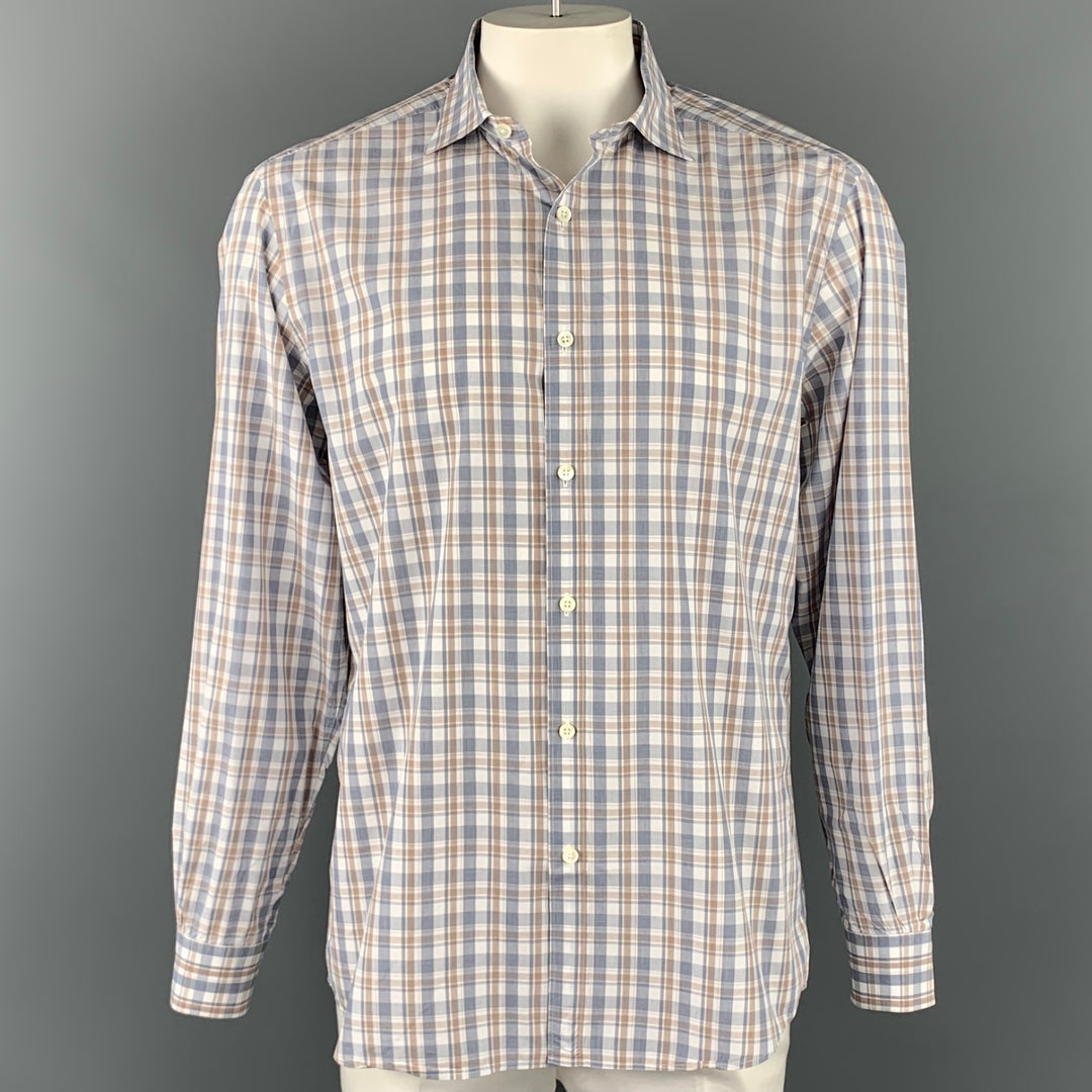 ERMENEGILDO ZEGNA Size XL Blue & White Plaid Cotton Long Sleeve Shirt