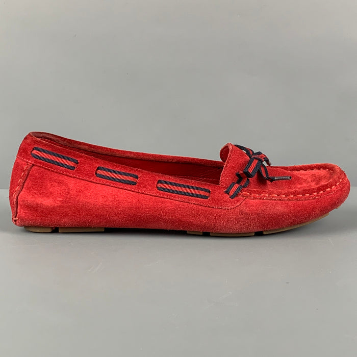Vintage GUCCI Size 7 Red Navy Suede Ribbon Drivers Flats
