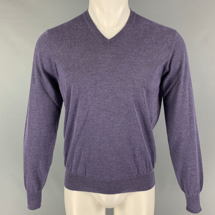 BRUNELLO CUCINELLI Taille S Pull Col V Cachemire Soie Violet Gris