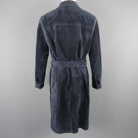 SALVATORE FERRAGAMO 40 Navy Suede Whipstitched Trench Coat