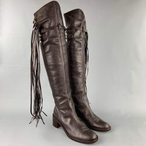 GUCCI Taille 11 Bottes à pompons en cuir marron