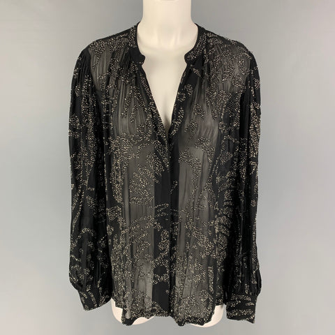 DRIES VAN NOTEN Size XS Black Silver Viscose Beaded Open Collar Shirt