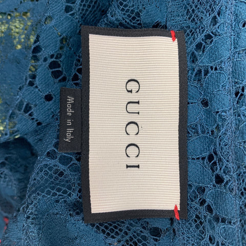 GUCCI S/S 16 Size L Teal Sheer Lace Embroidered Polyamide Blend Long Sleeve Shirt
