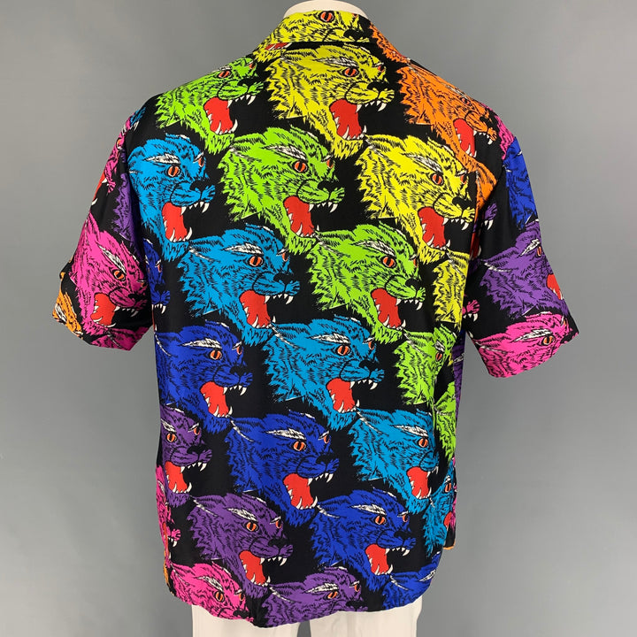 GUCCI Size XL Multi-Color Print Silk Camp Short Sleeve Shirt