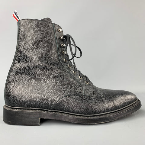 THOM BROWNE Size 10 Black Pebble Grain Leather Lace Up Ankle Boots